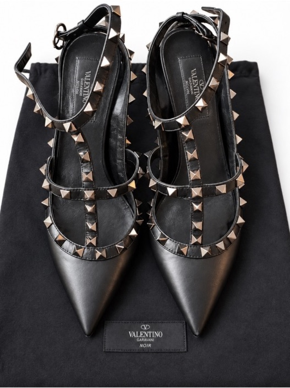 Valentino Garavani Black Leather Pointed Rockstud T-Strap Heels